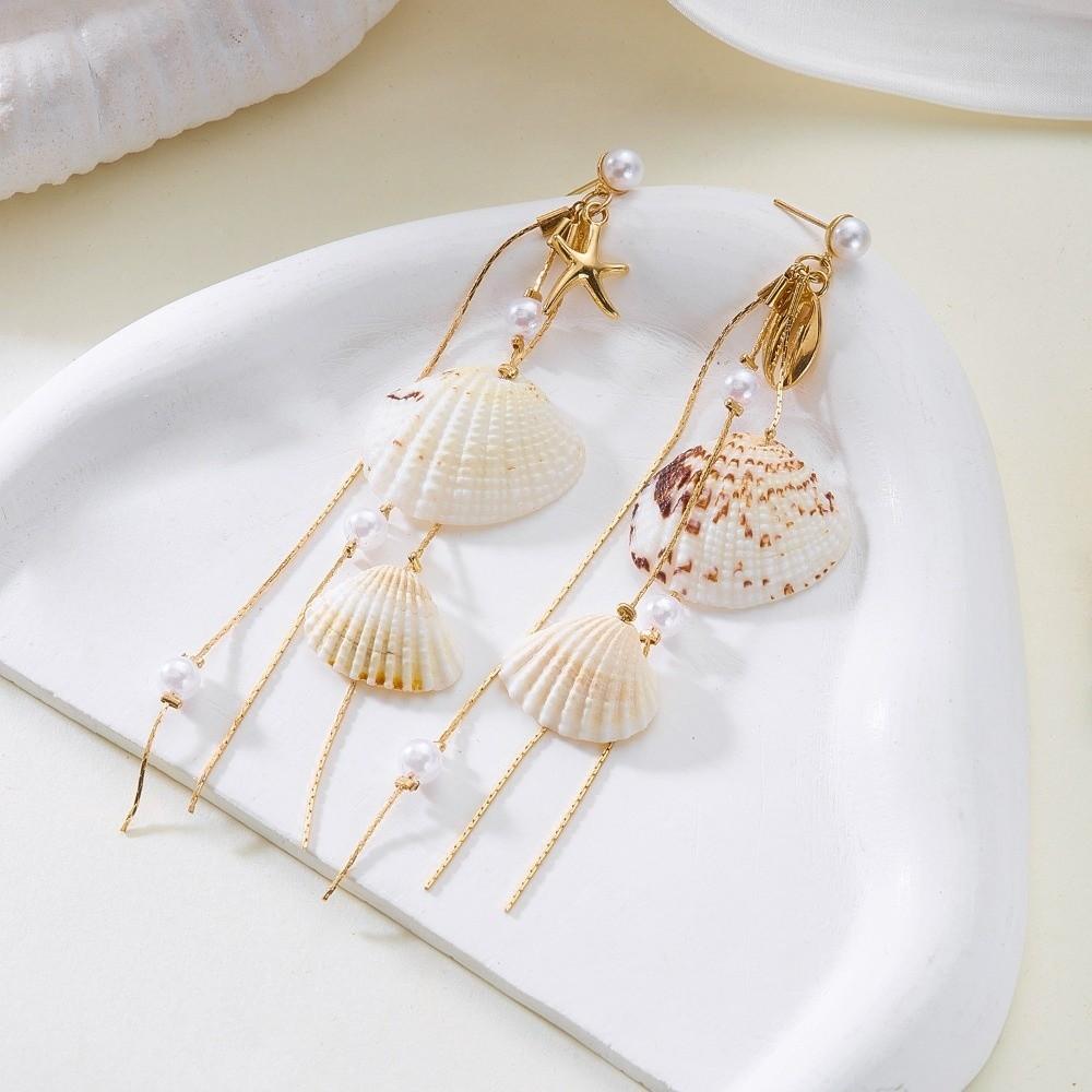 Bohemia Style Conch Shell Drop Earrings Colorful Resin Material Starfish Dangle Earrings Handmade Ocean Theme