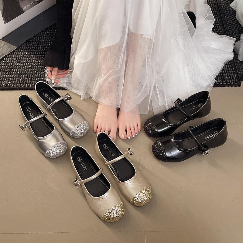 Single Shoes Women's Gentle Evening Flat Bottom Word French New Silver 2025 Spring and Autumn Belt with Skirt Mary Jane Shoes