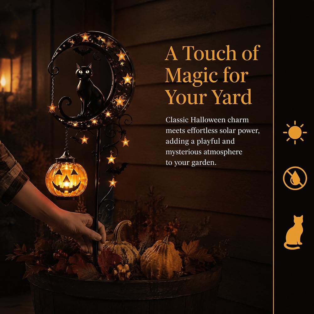 Solar Halloween Black Cat & Pumpkin Moon Garden Stake Light, Solar Garden Decoration, Outdoor Waterproof Metal Pumpkin Stake