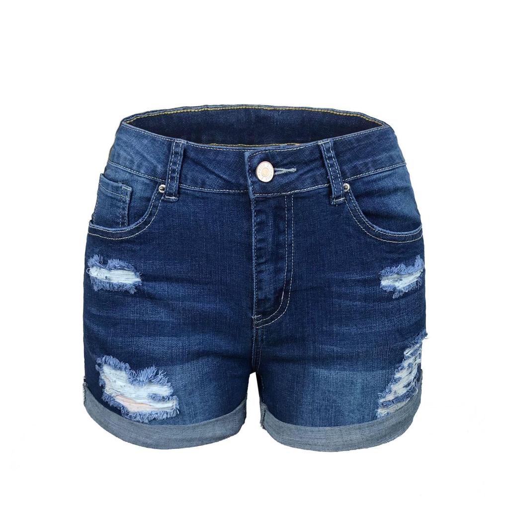 2021 Women's Elastic Mid-Waist Ripped Denim Shorts