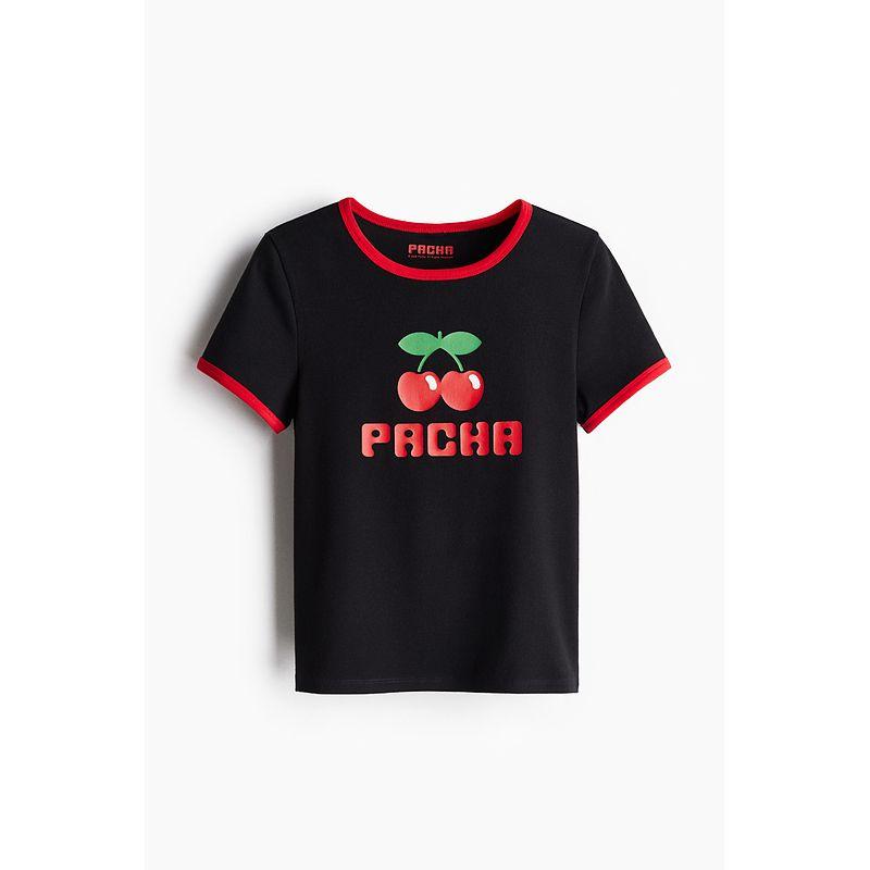 

HM Women s T-shirt Fall 2025 New Arrival Fruit Printed Silm round Neck Loose Short Sleeves Tops 1257582 Black/Pacha 150/76