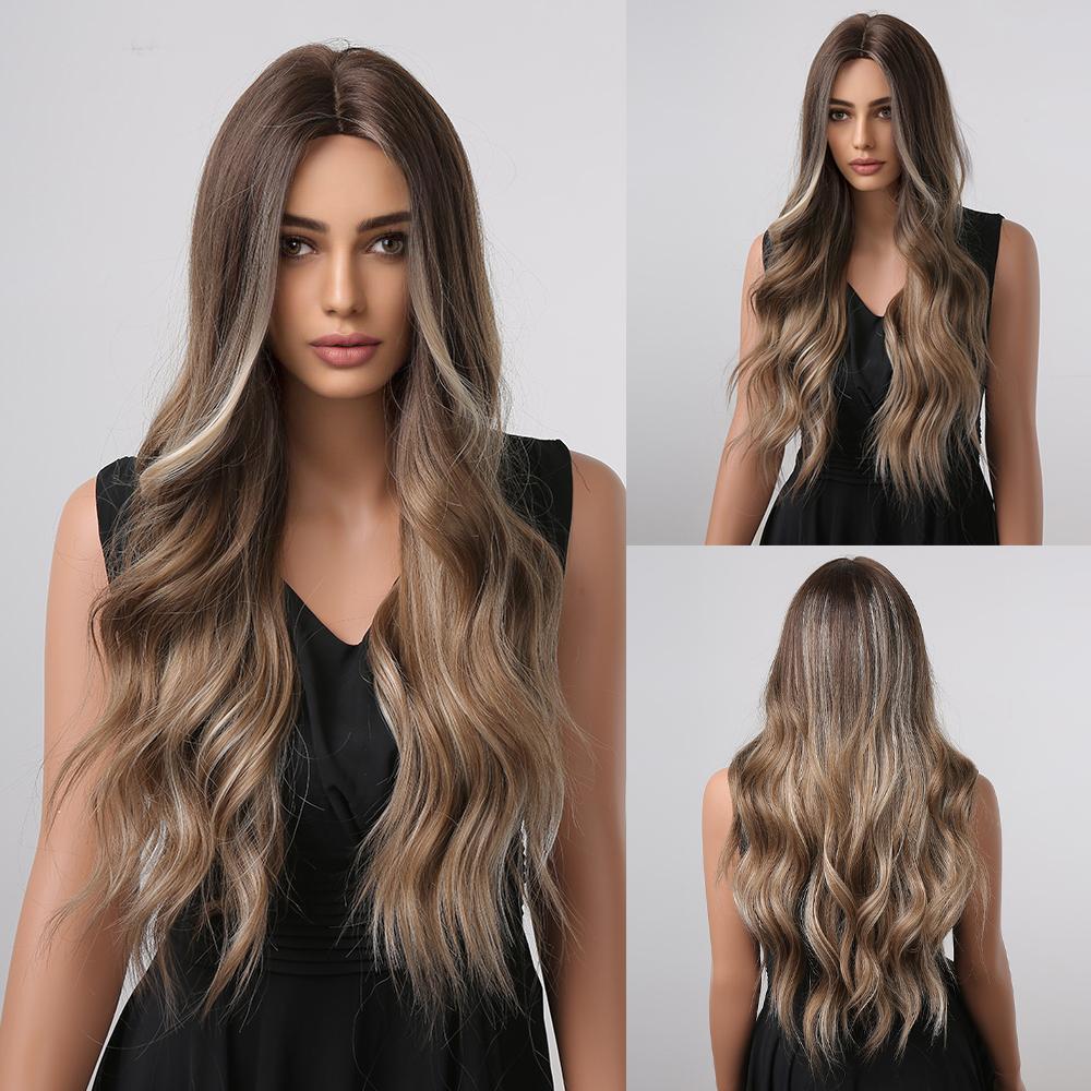 ALAN EATON Long Water Wave Wig Middle Part Red Brown Orange Copper Heat Resistant Synthetic Hair Wigs for Women African American