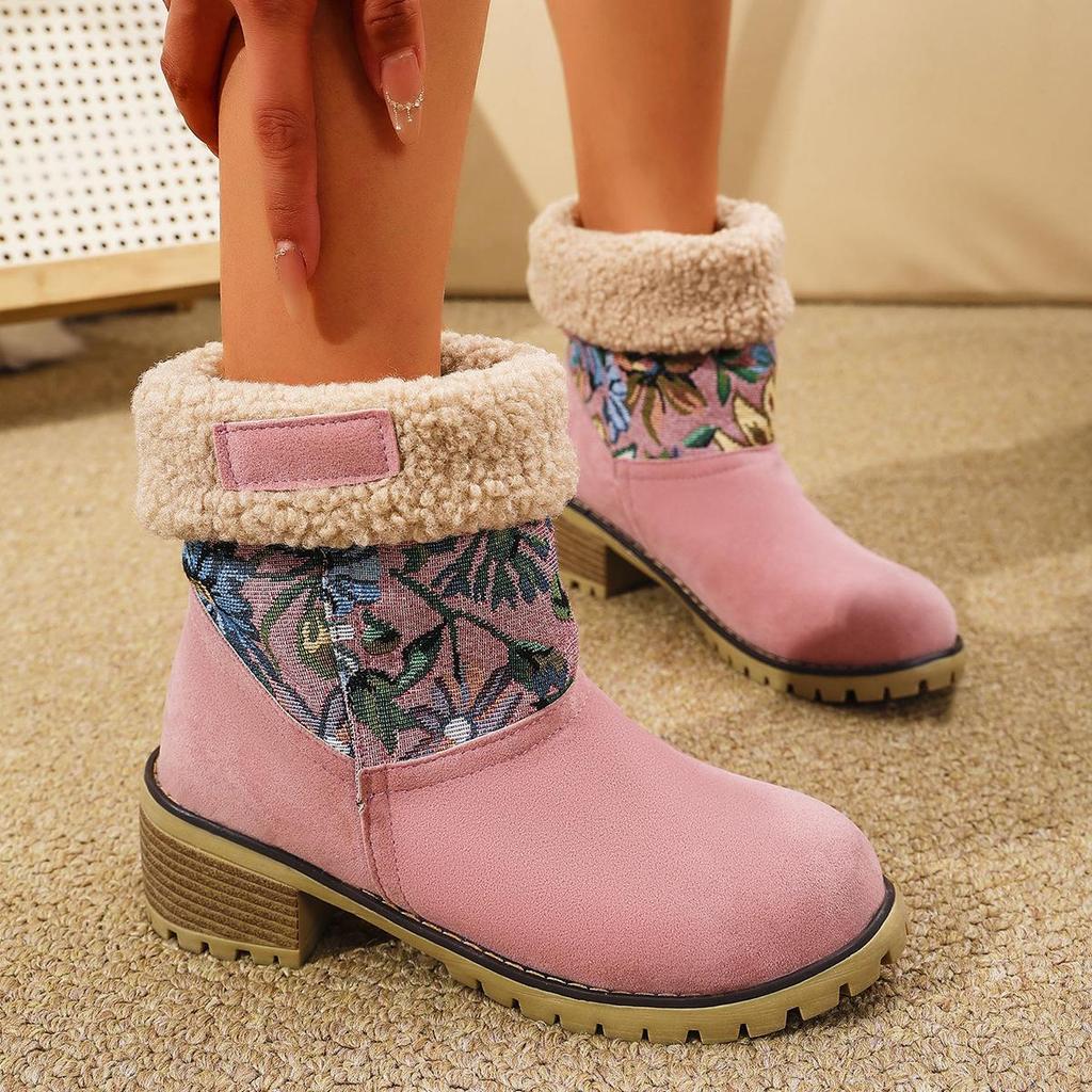 Women's Plus Size Floral Suede Snow Boots Casual Middle Tube Waterproof Platform Thick Heel Fleece Fur Anti Slip Cotton Boot Shoes 35-43