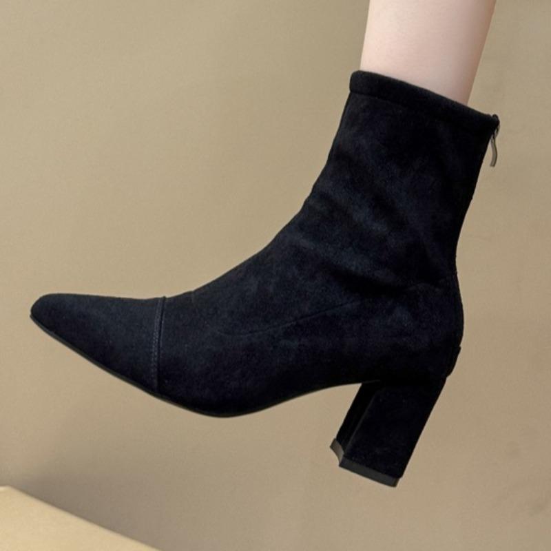 

Women Suede High Heels Pointed Toe Ankle Boots Designer Chunky Shoes 2025 Winter New Short Boots Elegant Zapatos Mujer 42 чёрный