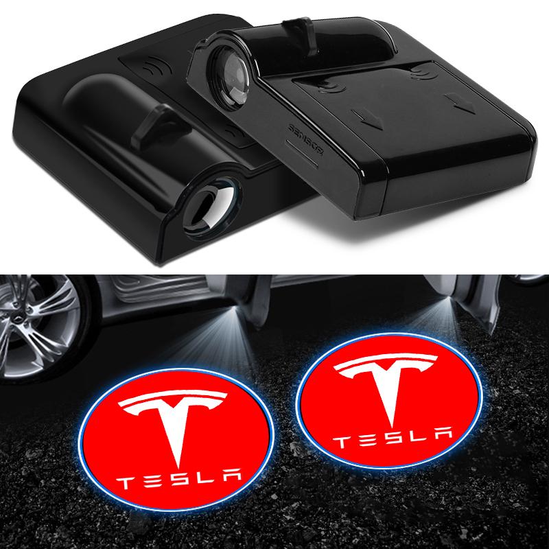 

2 шт. Светодиодная подсветка эмблемы двери автомобиля, приветственная лампа, беспроводной лазерный проектор для Tesla Model 3 Model X S 2016-2023, наклейки Model Y TM3 TMX