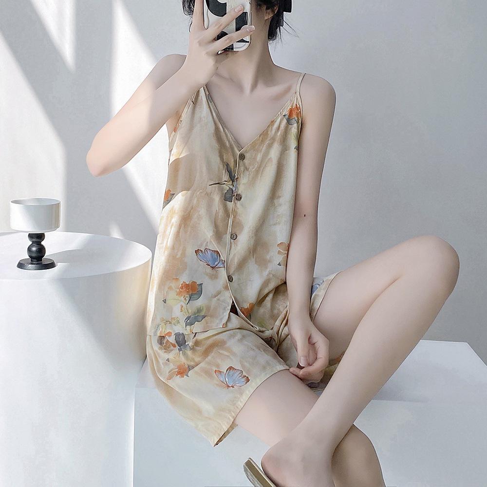 Neo-Chinese Cotton Silk Camisole Pajama Set for Women - Summer 2025 Beach Style