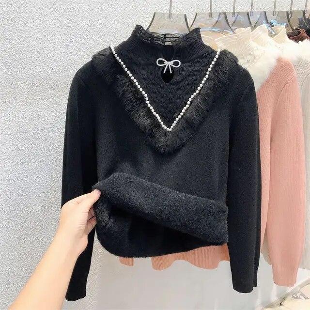 Thick Lace Sweater for Women's Autumn Winter New Half High Collar Bottoming Shirt Integrated Velvet Long Sleeve Knitted Top