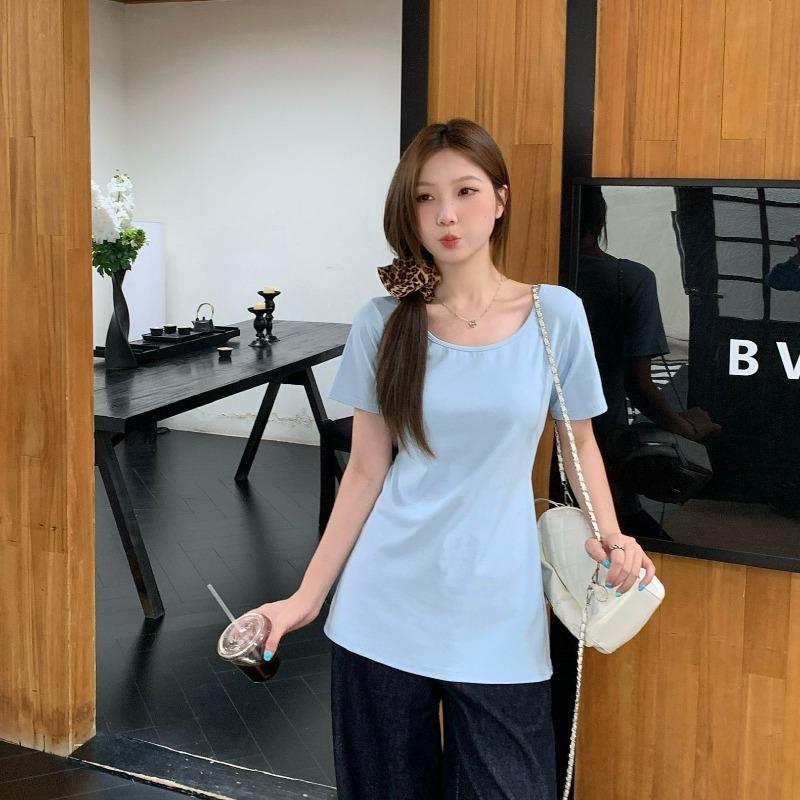Right Shoulder Summer New Slim Fit Waist Covering Belly Slimming Mid-length Chic Sweet Short-sleeved T-shirt