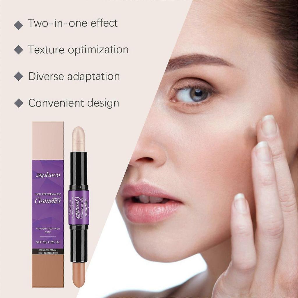 Zephoco 2-In-1 Cream Highlighter And Contour Dual-Ended Stick - Creamy Natural Highlight And Bronzy Shade To Sculpt The Face less