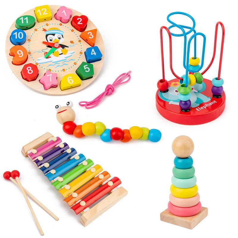 Wooden Baby Clock Caterpillar Small Round Bead Rainbow Tower Toy For Early Learning