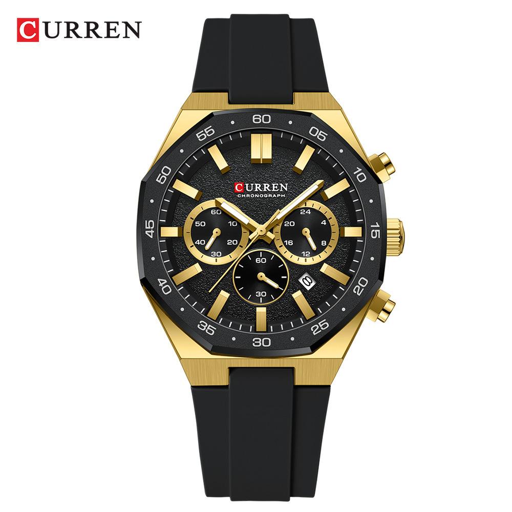 CURREN Men's Sports Chronograph Wristwatch with Black Silicone Band Auto Date Luminous Hands Quartz Watch for Men