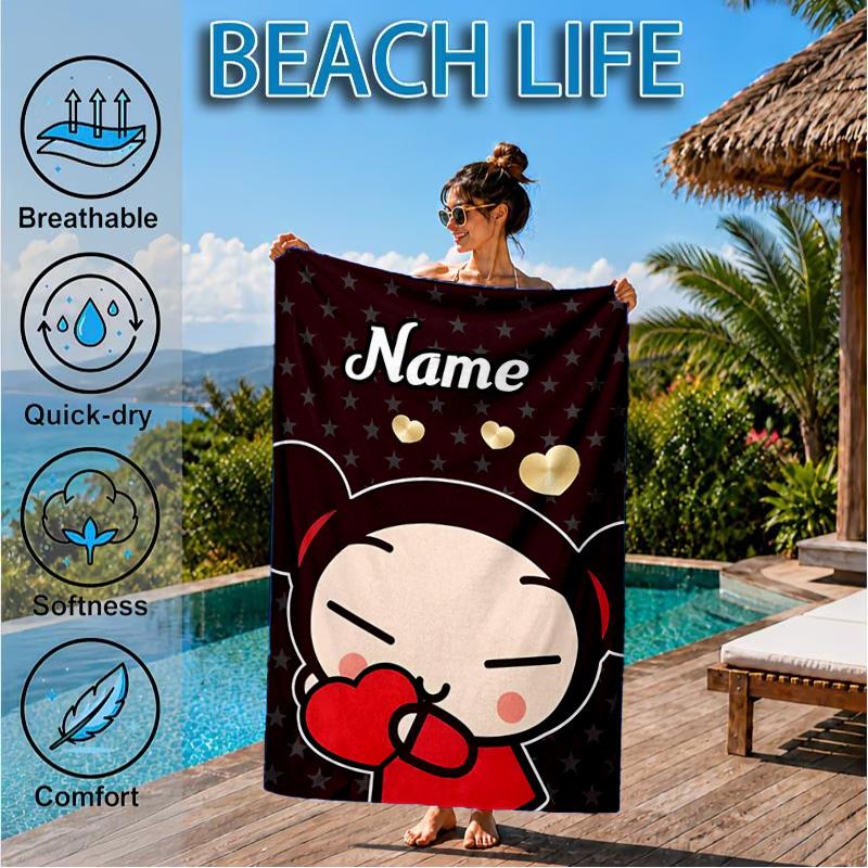 Custom Name Heartfelt Pucca Moment Beach Towel Microfiber Beach Towel, Lightweight and Quick-Dry, for Summer Travel, Swimming Pool Gift