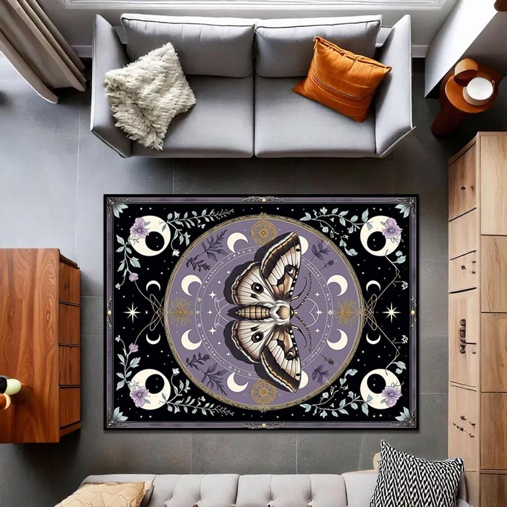 Mystic Moth Rug, Witchcore Purple Butterfly Carpet with Moon Phases, Pentagram Symbols & Magical Floral Vintage Art,Gothic Rug