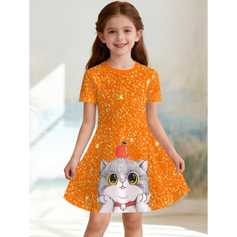 Girl Clothes Cartoon Cat Graphic Printed Girls  Princess Dress Summer Casual Dress for Girls 110