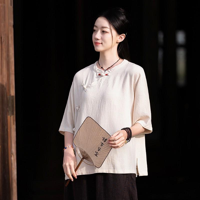 Johnature Women Chinese Style Shirts Solid Color Stand Half Sleeve Tops Summer Vintage Button Women Shirt Blouses