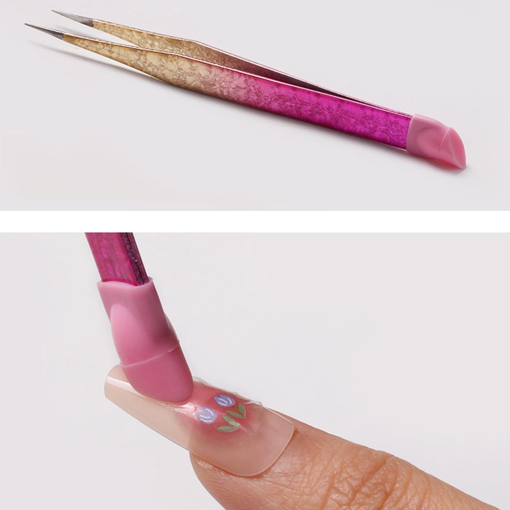 Double Ended Nail Art Tweezers for Women Stainless Steel Tweezer Straight Curved Tweezers with Silicone Pressing Head