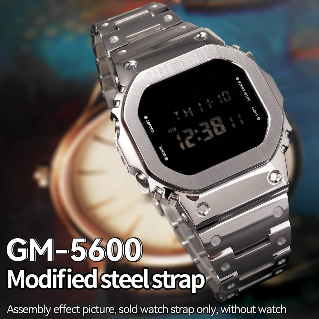 Korlexchi 316 Stainless Steel Bracelet Watch Band, Custom Metal Strap, Compatible with Casio and G-SHOCK Men's GM5600 and GM-5600B (Silver)