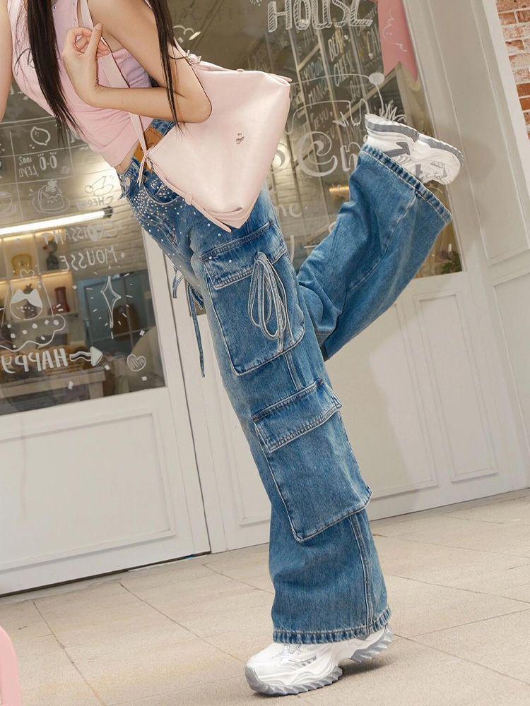 Women's Summer Cargo Pants - Lace-Up Multi-Pocket Wide Leg Trousers with Hot Drill Patchwork