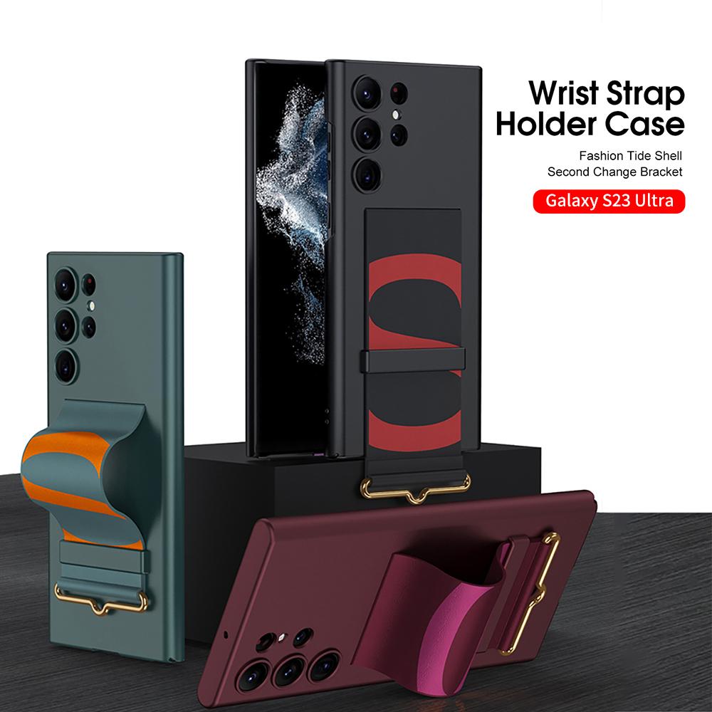 For Samsung Galaxy S23 Ultra S23 Plus Case Leather Wrist Strap Holder Cover Matte Plastic Protection For Galaxy S23 Ultra Cover