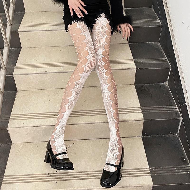 Black Rose Retro Fishnet Stockings: Women's Sexy Grid Hollow Pantyhose