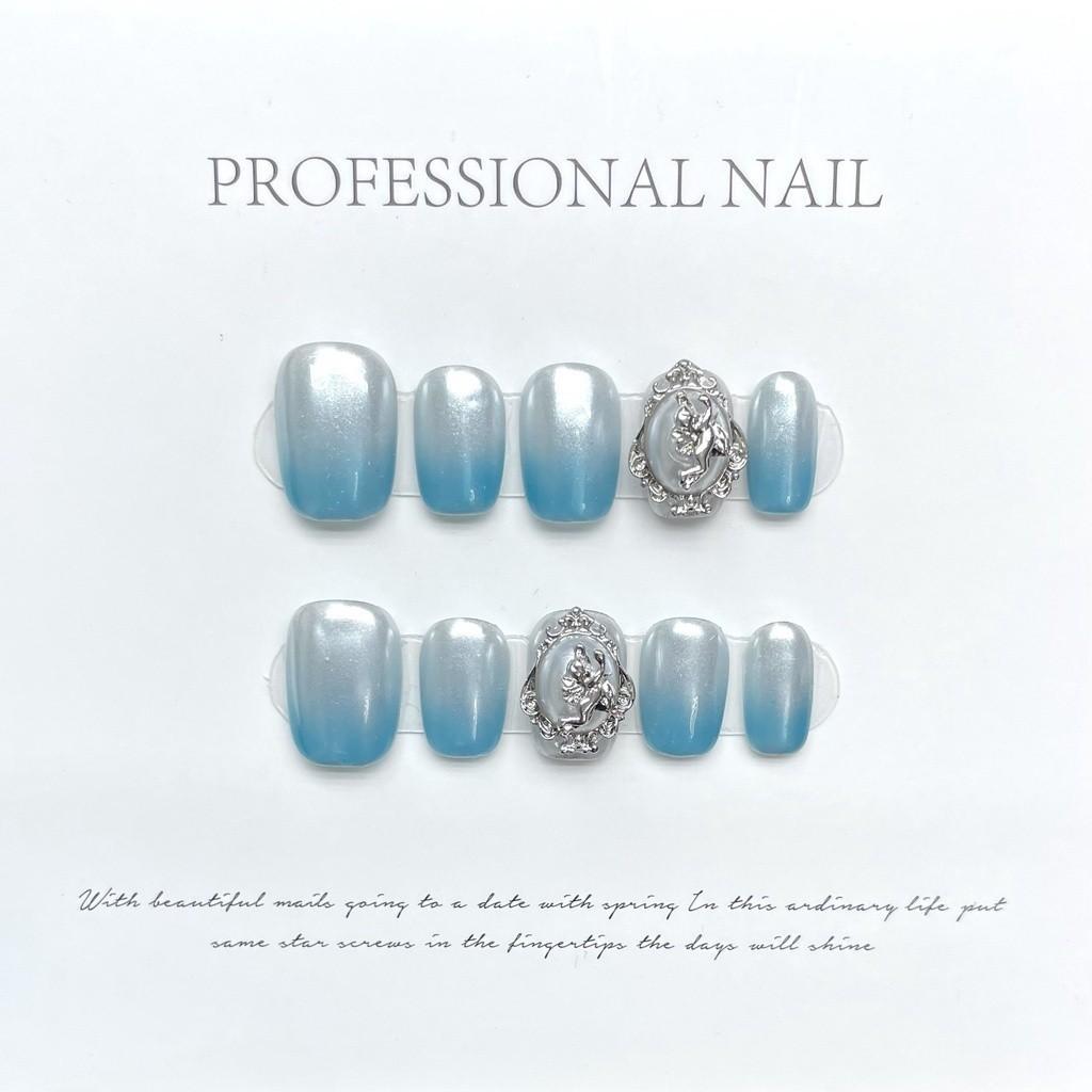 100% HANDMADE Short Round Fake Nail Set With Glue Star Ice Cream Blue&Yellow Cute gentle summer spring sea ocean diamond press on Nails Reusable
