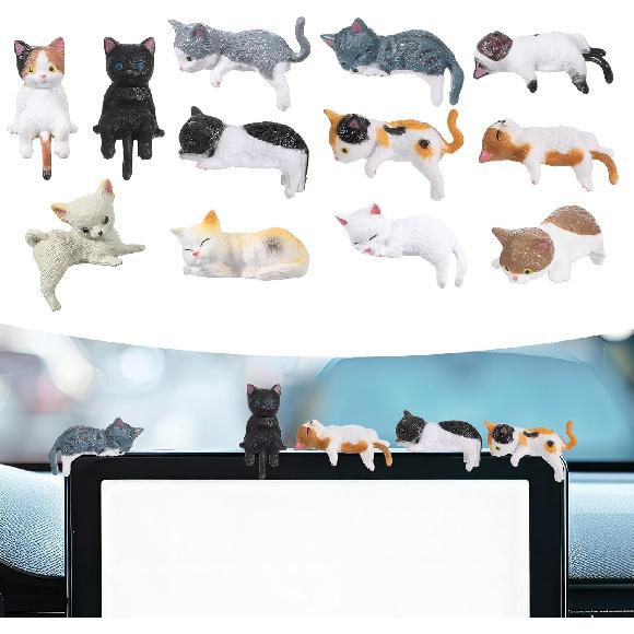 12 Pcs Car Dashboard Decorations Cats Car Interior Accessories, Mini Cat Figurines, Cute Rear View Mirror Accessories Mini Resin Car Decor Fun Cats
