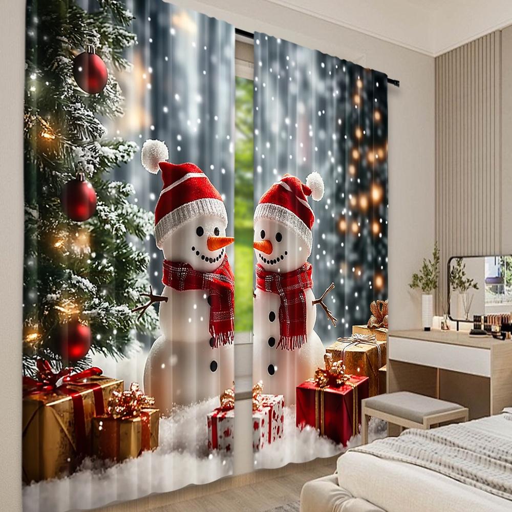 Flat Printing Happy Christmas Scene Curtains Day Snowman Tree Prints Digital Printed Polyester Drapes Set Of 2 Made