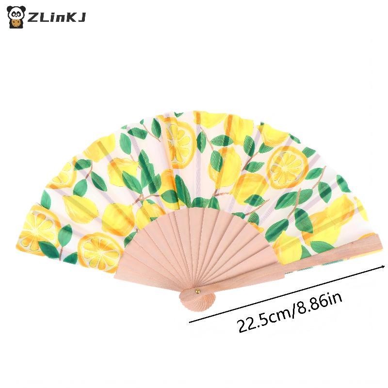 Éventail Pliant Imprimé Fruits Citron en Bambou et Tissu pour l'Été, la Danse en Plein Air et les Fêtes