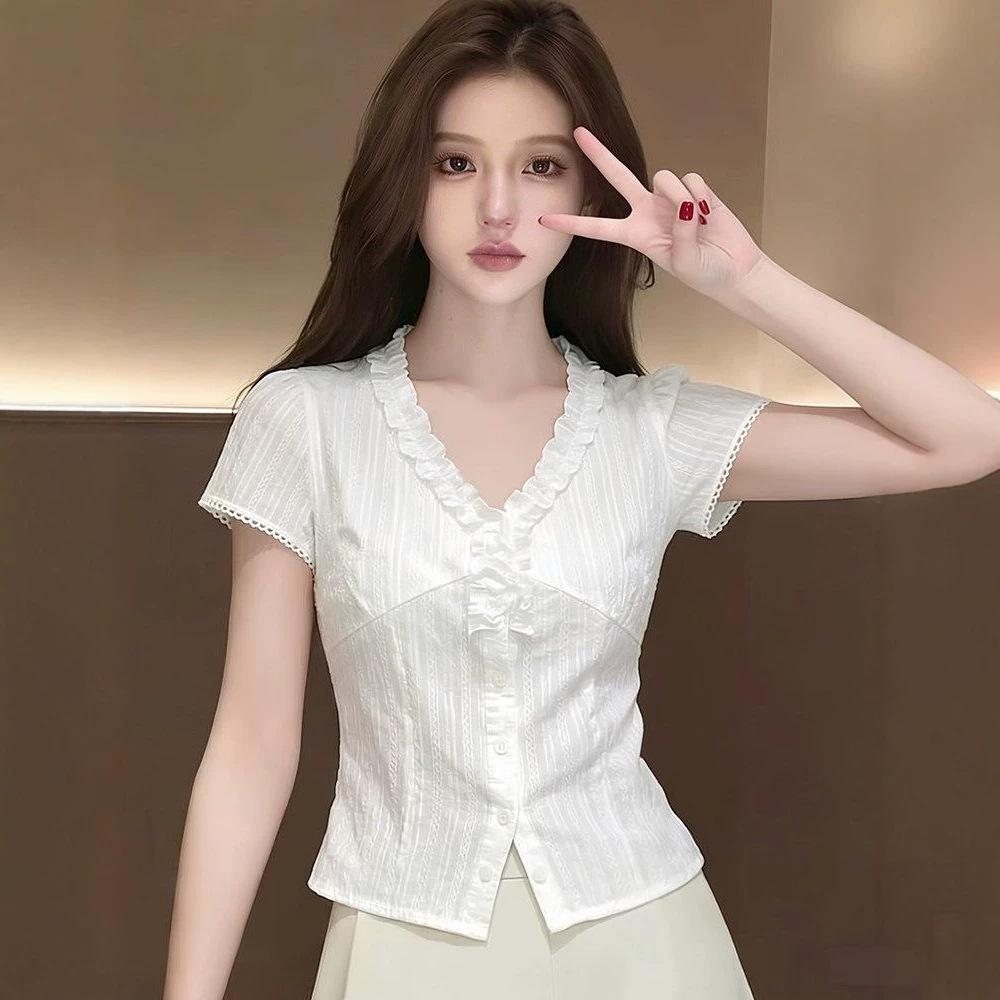 White V-neck short-sleeved shirt, summer new fat sister waist design sense work commuter shirt