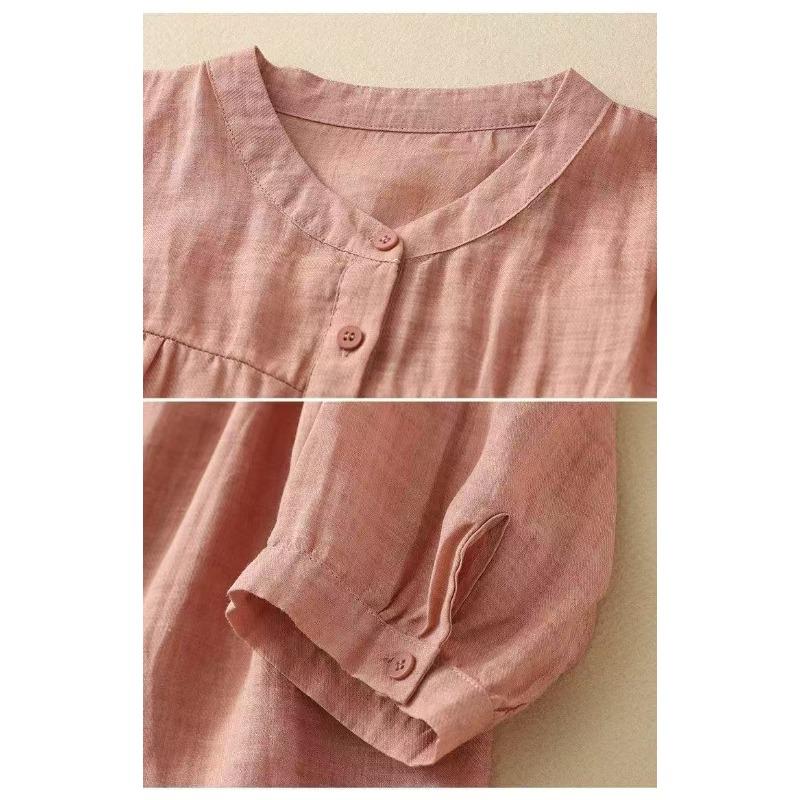 Summer Women's Comfort Linen Shirt Vintage Pleated Stand Collar