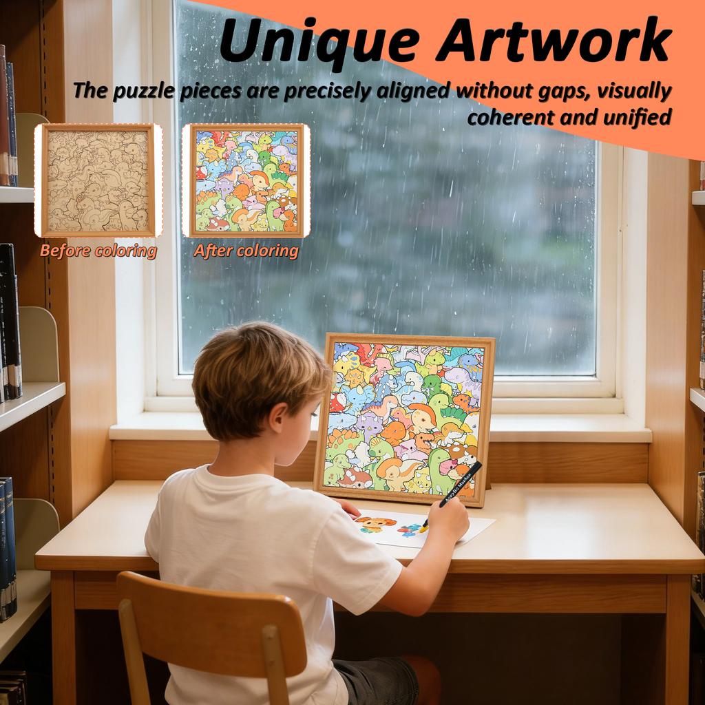 Wooden Coloring Puzzle DIY Doodling Jigsaw Puzzles with 24 Color Marker Pen Dinosaur/Monster Coloring Puzzle for Home Decoration