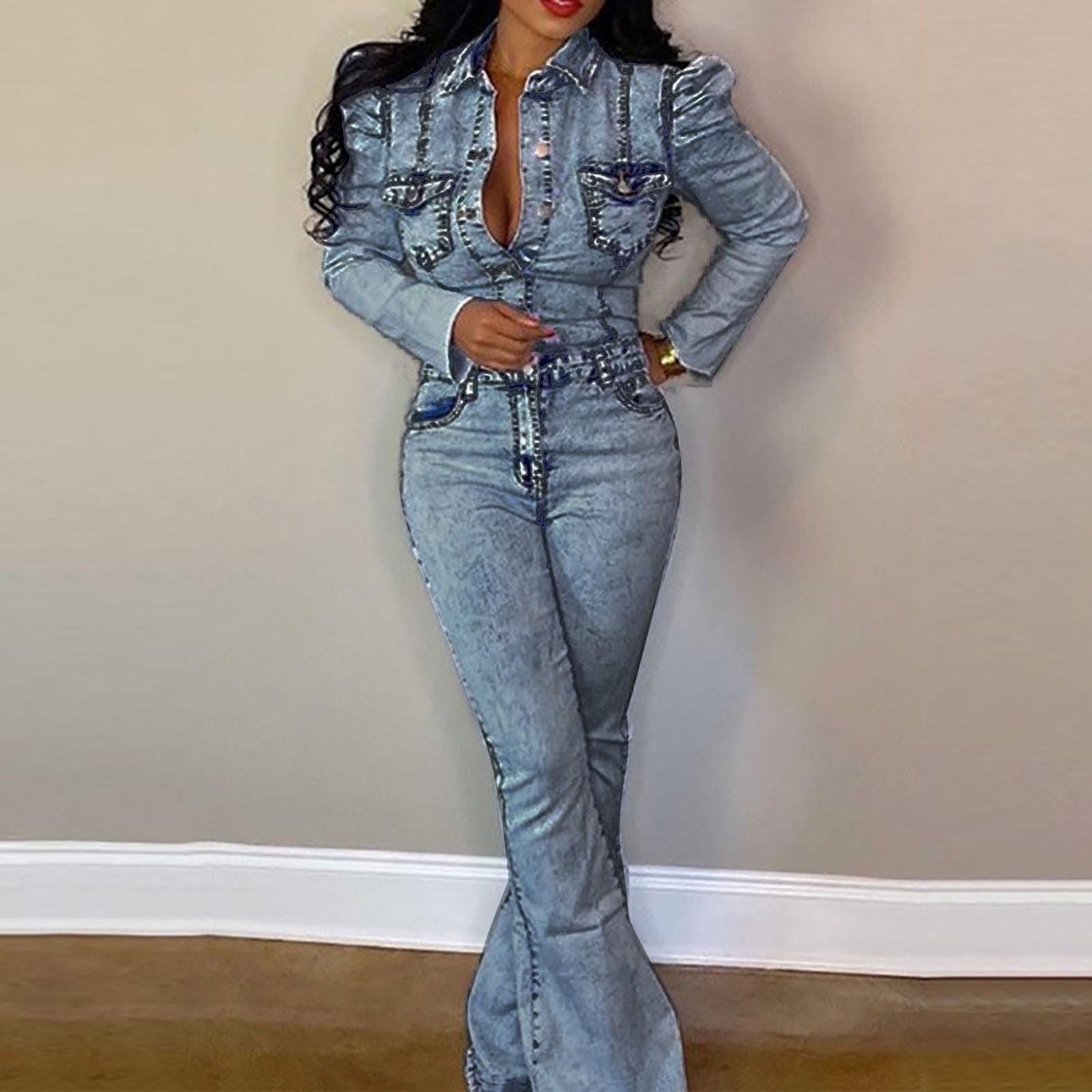 Women s Fashion Jeans Pockets Casual Slim Jumpsuit Flared Trousers Plus Size L