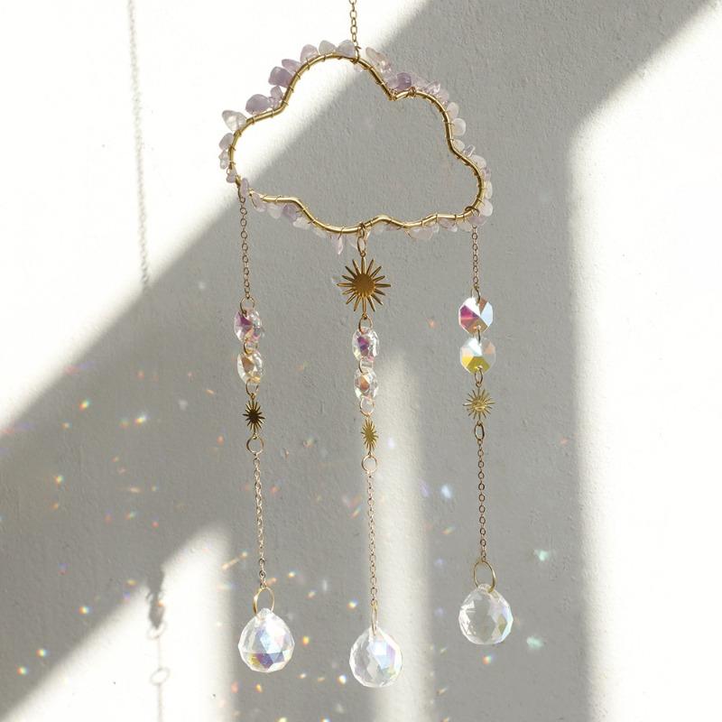 1pcs Natural Stone Cloud Shape Crystal Suncatcher Romantic Home Wall Hanging Decor Metal Chain Crystal Pendant