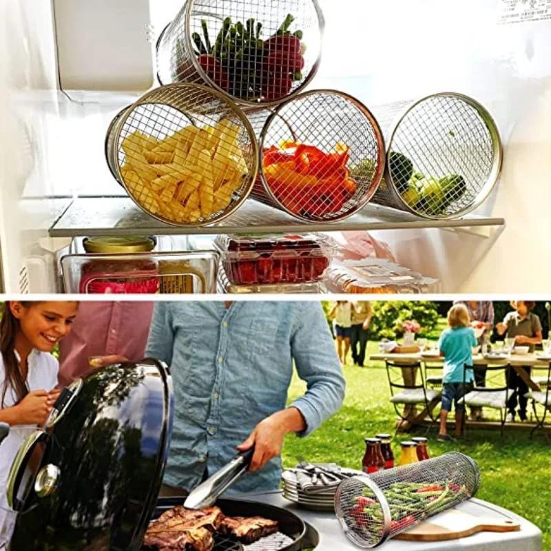 3 Pcs Rolling Grilling BBQ Basket Stainless Steel Leakproof Mesh Barbecue Rack Outdoor Picnic Camping Cylindrical BBQ Grill
