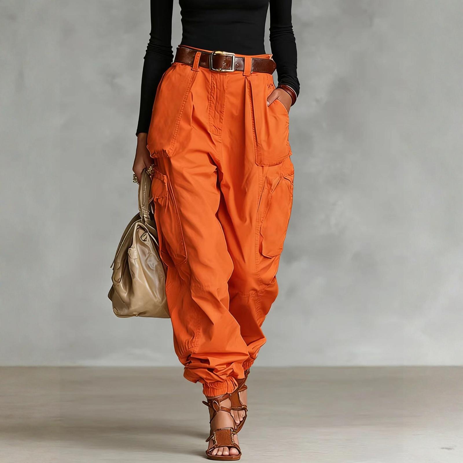 

High Waist Cargo Pants for Women Loose Fit Casual Trousers with Pockets Drawstring Hem Relaxed Style L шафрановый