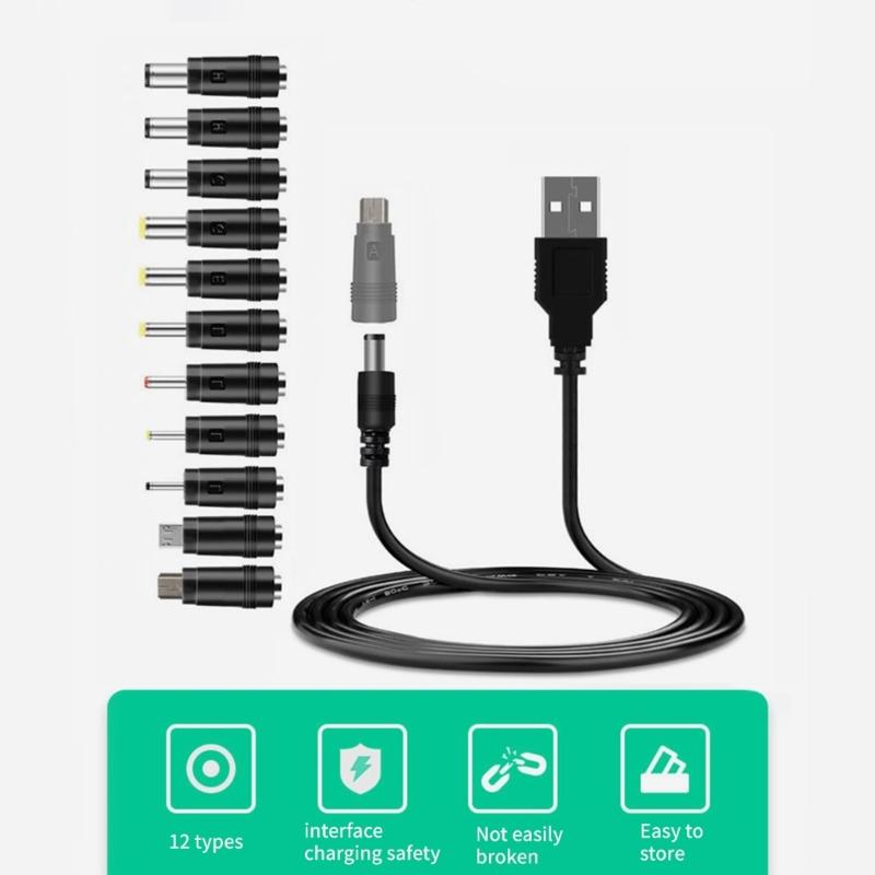 USB to DC5.5x2.1mm 5V Charging Cord Universal Power Cable with 12 Connector Adapters for Multiple Electronic Devices
