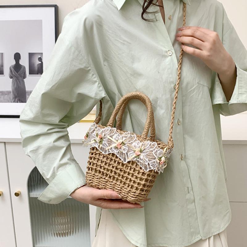 Yogodlns Handwoven Messenger Bag Rattan Flower with Lace Bow Design Shoulder Bag Portabl Storage Crossbody Handbag for Daily Leisure