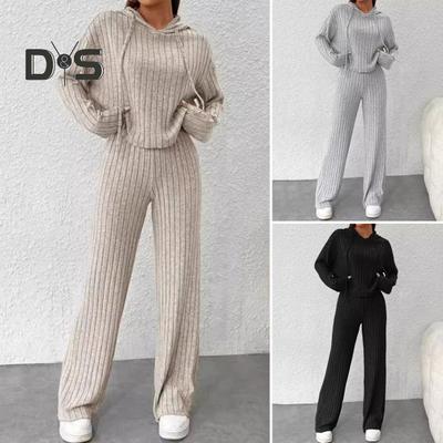 2 Stuks/Set Dames Hoodie Broek Pak Trekkoord Draad Lange Mouwen Effen Kleur Top Hoge Taille Wijde Pijpen Sportbroek Lente Herfst Trainingspak