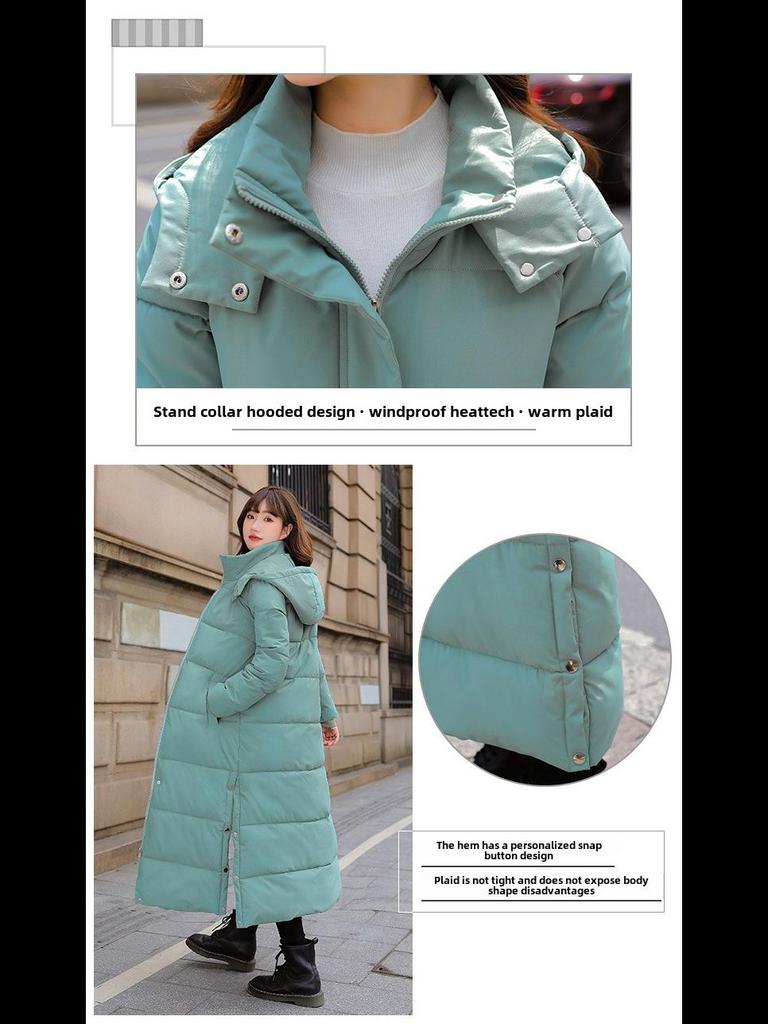 Women's Long Hooded Over-the-Knee Down Jacket - Thick, Warm, Slim Fit Winter Coat, Solid Color, Trendy Casual Style