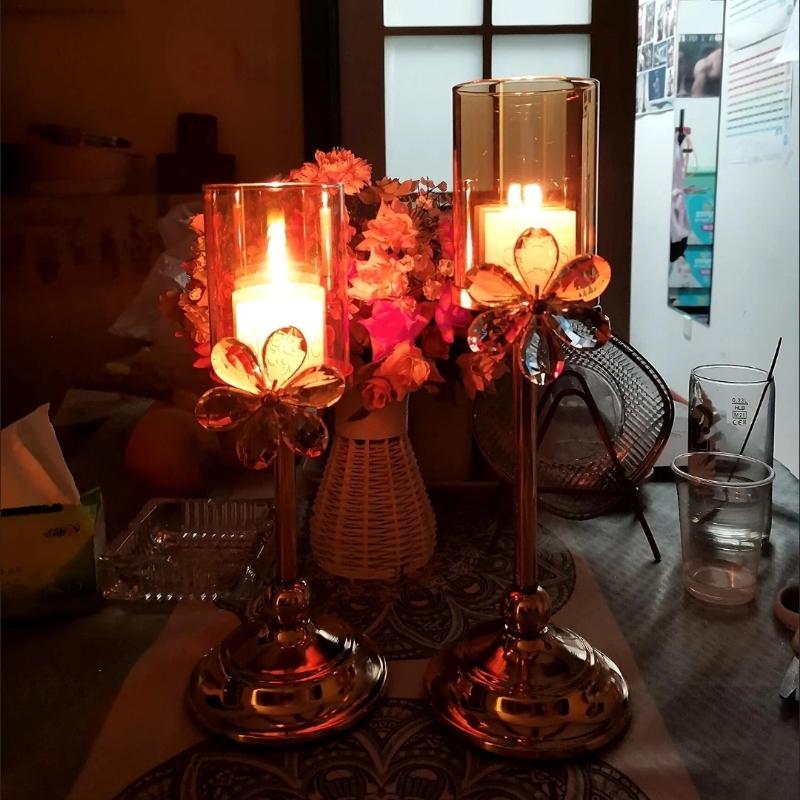 European Crystal Flower Metal Candle Holder, Vintage Romantic Candlelight Decor Stand