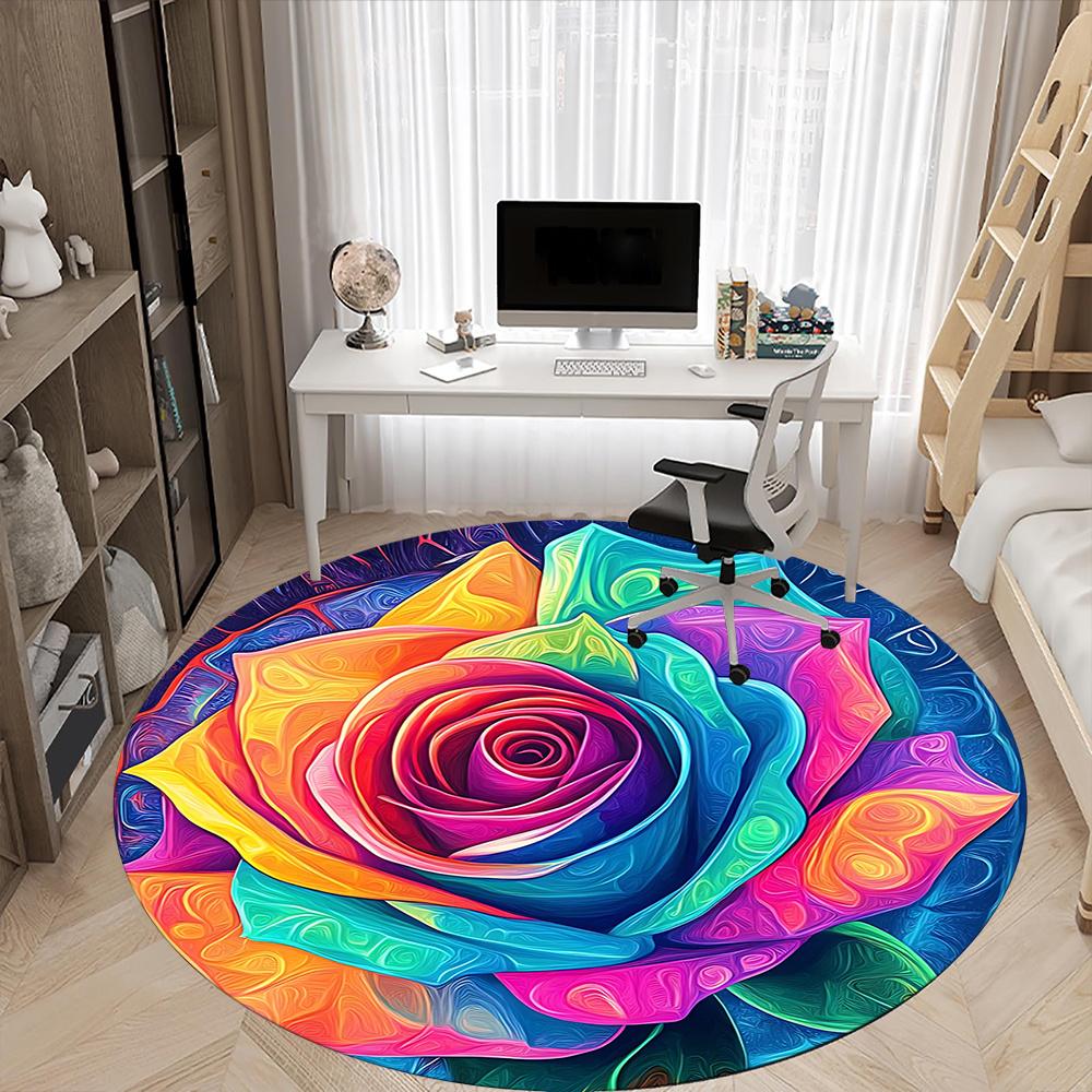 1pc Rainbow Rose Office Round Area Rug, Indoor Mat Suitable ForOffice, Under Office Chairs Bedroom Living Room Home Decor, Room Decot072