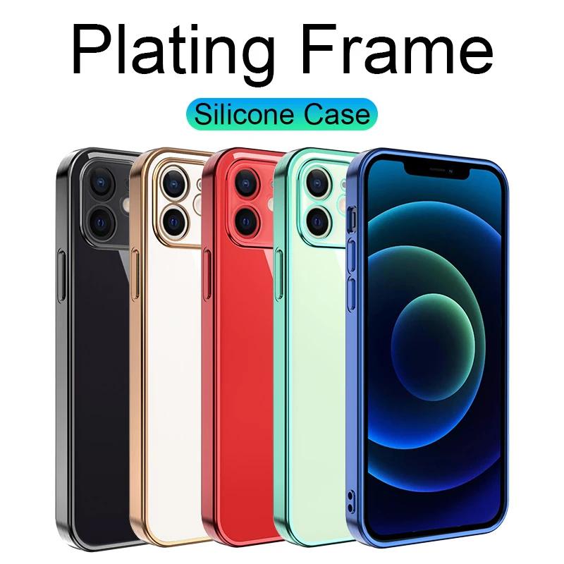 Luxury Square Silicone Clear Phone Case For iPhone 15 14 11 12 13 Pro Mini Xs Max X Xr Se 2020 7 8 Plus Soft Plating Farme Cover