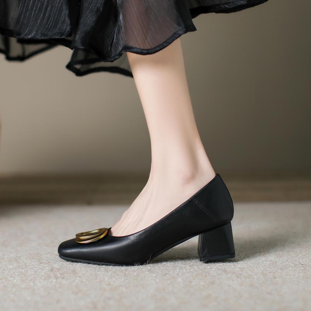 Scarpe in Pelle con Tacco Chunky e Punta Quadrata - Versatile Tacco Medio per Lavoro e Moda