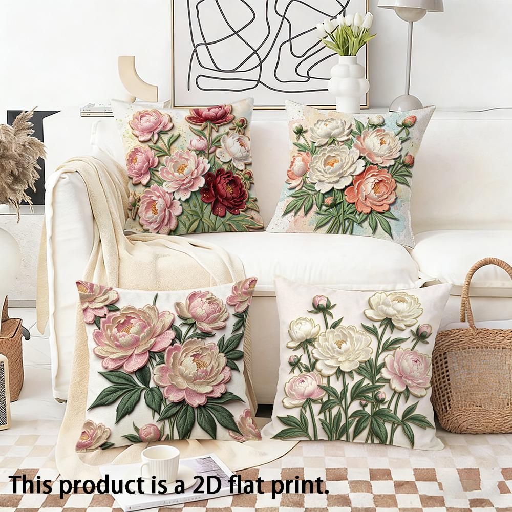 1pc Vintage Peony Floral Throw Pillow Covers 2D Flat Printed Decorative Cushion Cases for Home Sofa Bedroom Living Room