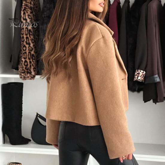 Women Woolen Jacket Turn-down Collar Solid Color Single Button Closure Coat Loose Short Type Thermal Long Sleeved Commuting Dating Spring Fall Winter