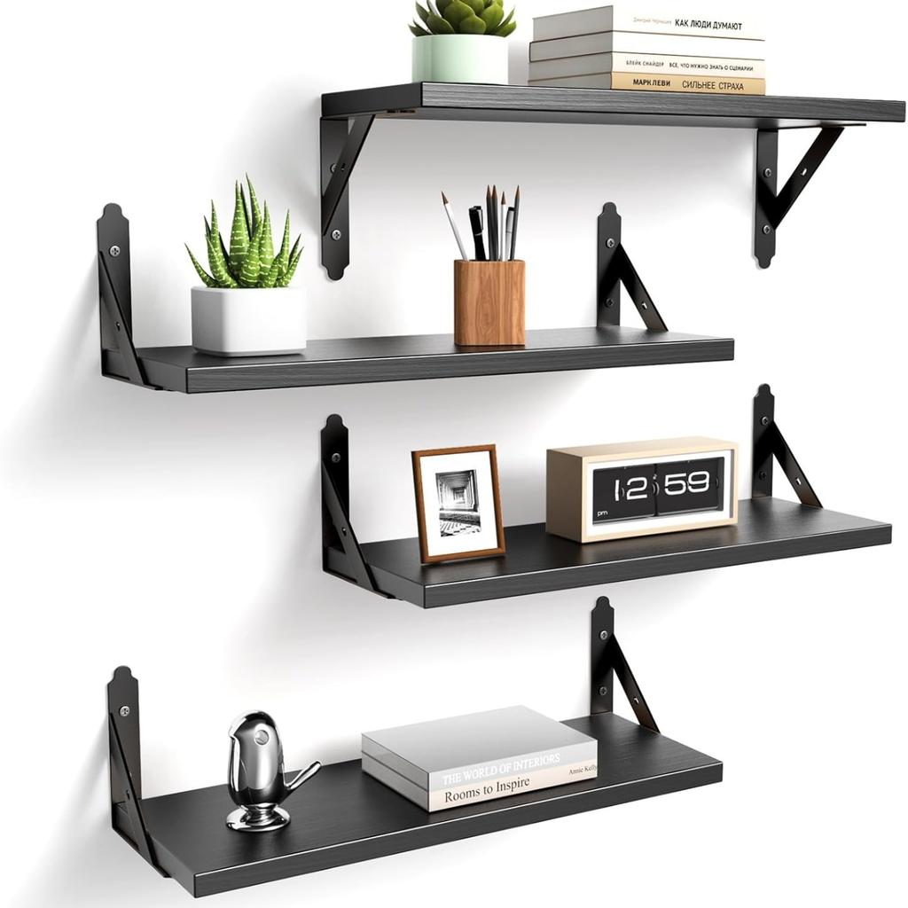 Wood Floating Shelves Set of 4, Rustic Storage Decor Wall Shelves, Wall Mounted Shelf for Living Room, Bedroom 17" X 6", Black