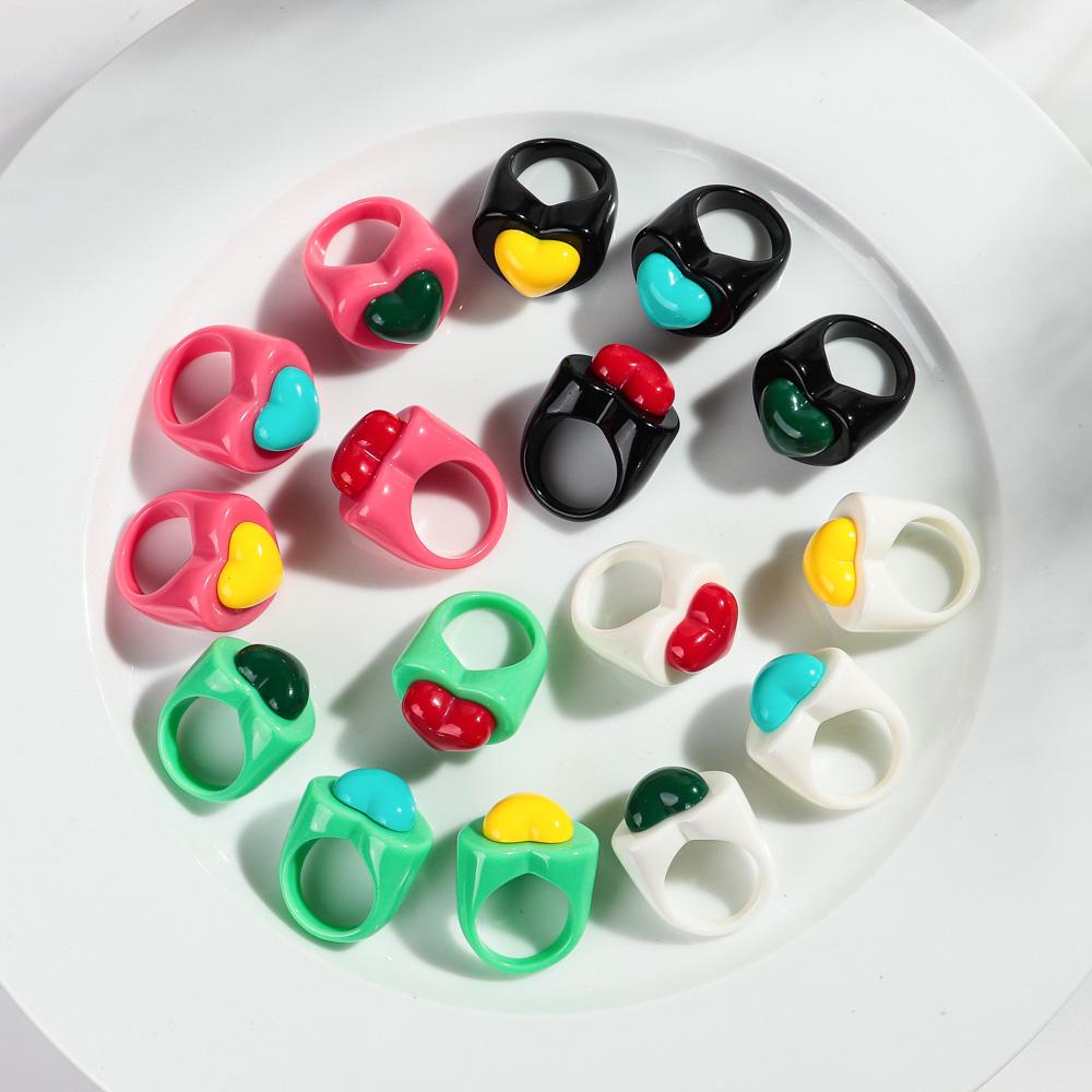 Cute Chunky Heart Acrylic Finger Rings for Women Trendy Multicolor Resin Love Bowknot Stack Ring for Women Party Jewelry Gifts