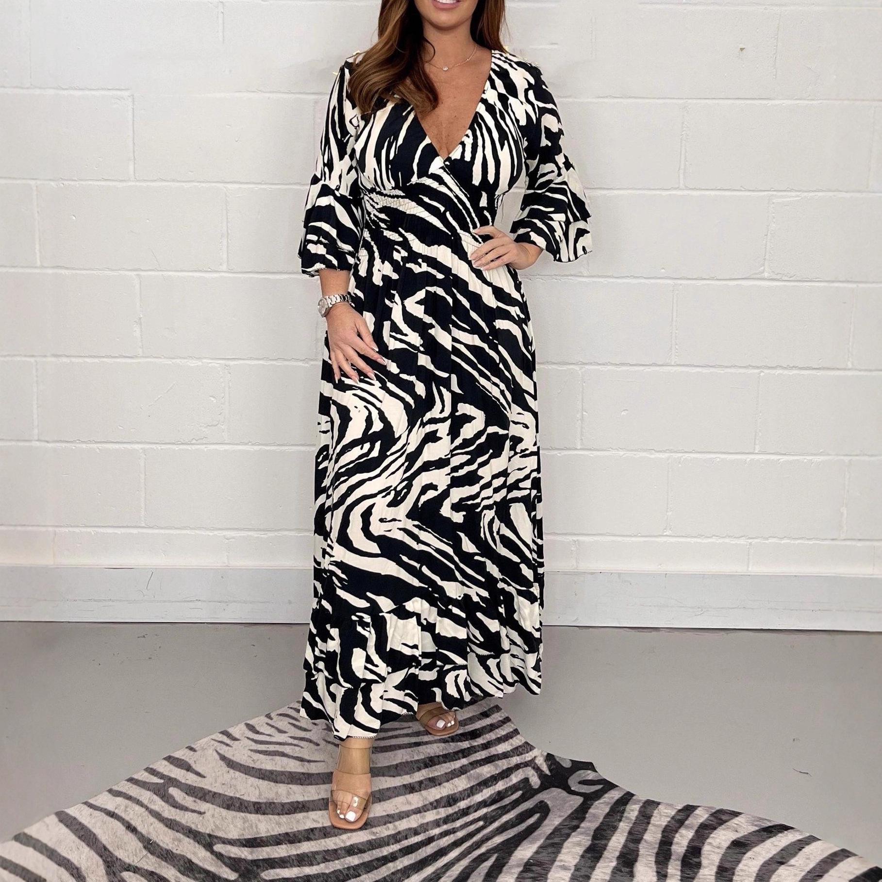2025 Elegant V-Neck Ruffle Sleeve Long Dress with Cinched Waist - Women s Casual Loose Fit Extra Large чёрный