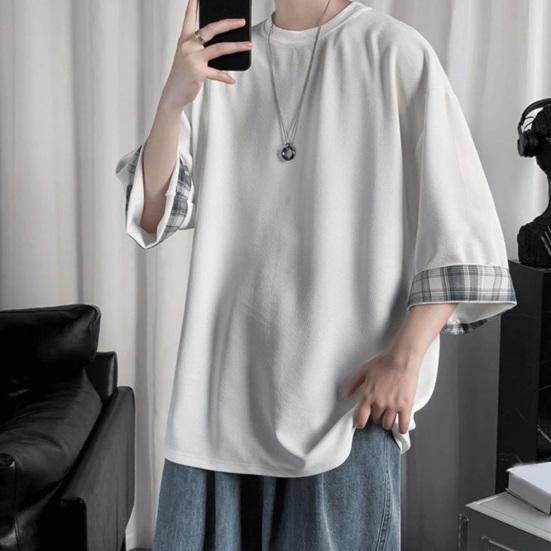 Men T-shirt Plaid Patchwork O-Neck 3/4 Sleeve Solid Color Streetwear Spring Summer Loose Tee Top Men Clothes