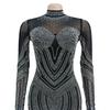 European & American Fashion Women's Solid Color Mesh Rhinestone Long Sleeve Mini Dress